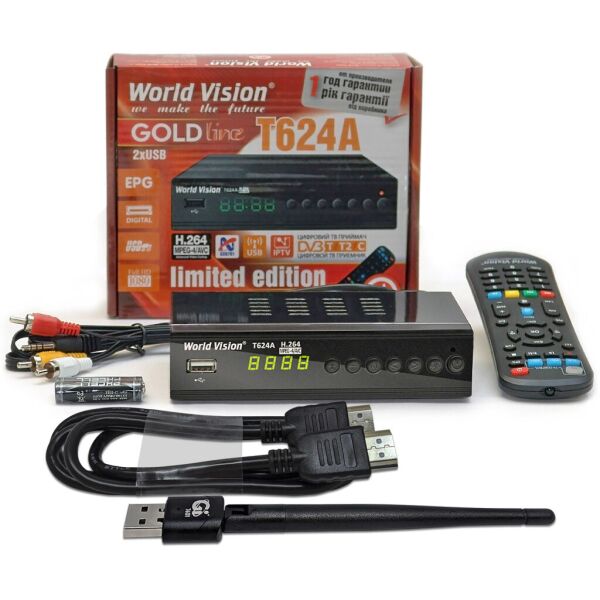 Акція на T2-тюнер World Vision T624А + WI-FI адаптер и HDMI кабель від Allo UA