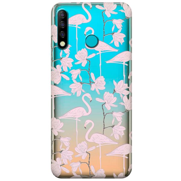

Прозрачный силиконовый чехол iSwag для Tecno Spark 4 с рисунком - Розовые фламинго (KS9764)