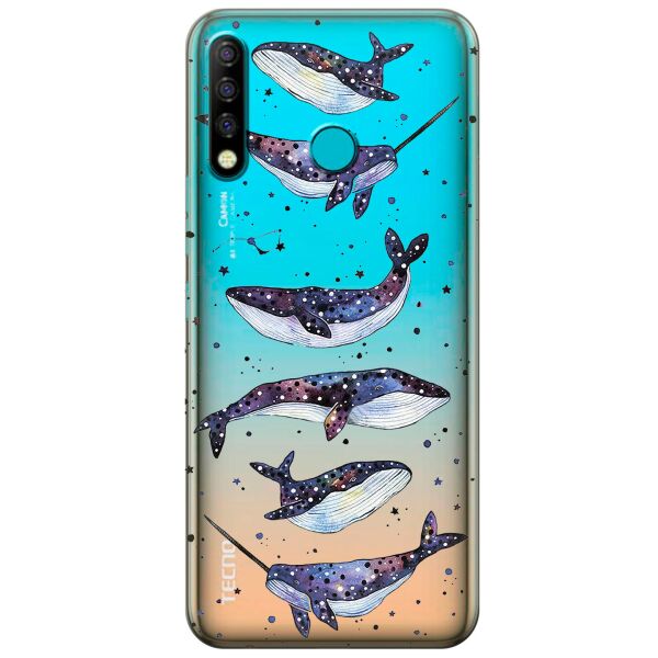 

Прозрачный силиконовый чехол iSwag для Tecno Spark 4 с рисунком - Киты Единороги (KS9794)