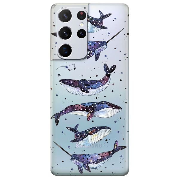 

Прозрачный силиконовый чехол iSwag для Samsung Galaxy S21 Ultra с рисунком - Киты Единороги (KS10994)