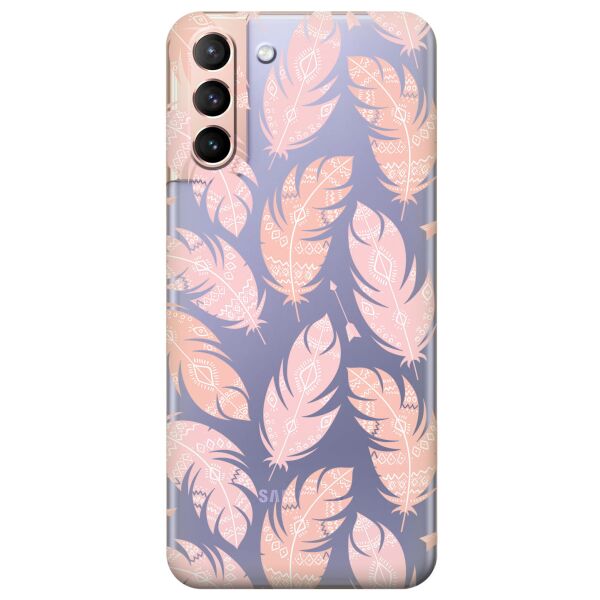 

Прозрачный силиконовый чехол iSwag для Samsung Galaxy S21 Plus с рисунком - Розовые перья (KS11002)