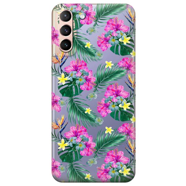 

Прозрачный силиконовый чехол iSwag для Samsung Galaxy S21 Plus с рисунком - Тропические цветы (KS11004)