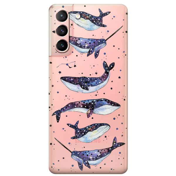 

Прозрачный силиконовый чехол iSwag для Samsung Galaxy S21 с рисунком - Киты Единороги (KS10919)