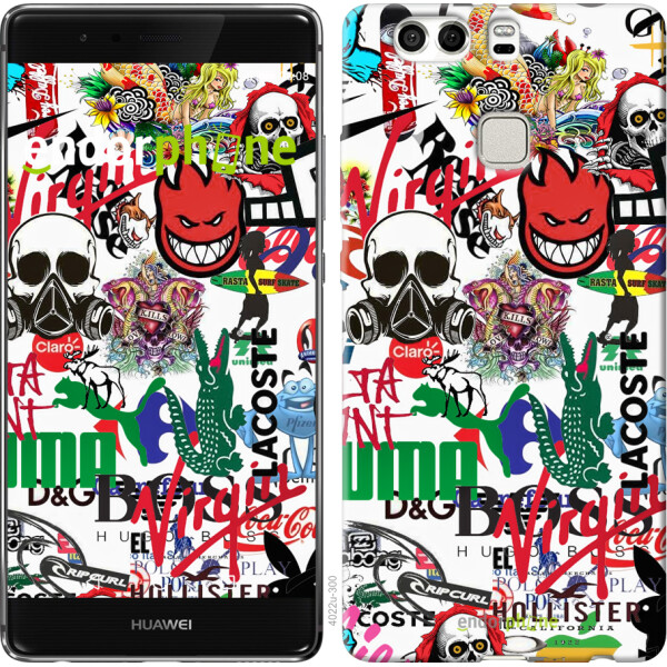 

Чехол на Huawei P9 Plus Many different logos 4022u-300, Силикон