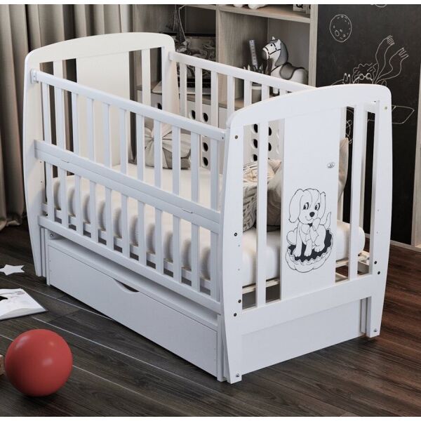 

Кровать Babyroom Собачка маятник, ящик, откидной бок бук белый