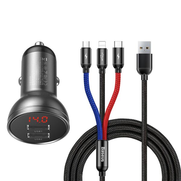 

Адаптер автомобильный BASEUS Digital Display Dual USB, 2USB, 4.8A, 24W с кабелем, черный