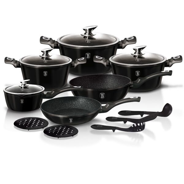 

Набор посуды Berlinger Haus Metallic Line Shiny Black Edition из кованого алюминия с мраморным покрытием 15 предметов (BH-1664N) (NP)