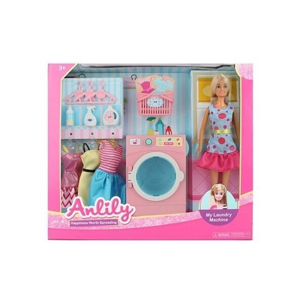 

​Кукла A-Toys 99280, Стиральная машина, Платья, Корзина, Аксессуары, 38-32,5-8,5 см