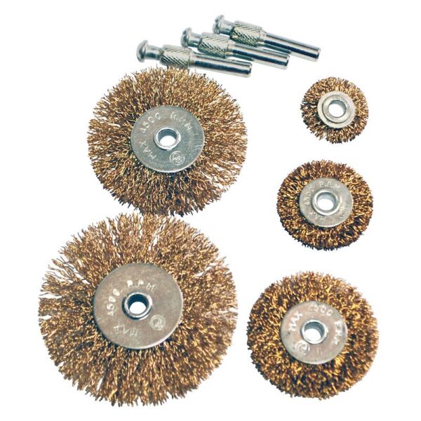 

Щетки из рифленой проволоки 5 шт (диск. 25/ 40/ 50/ 63/ 75 + стерж. 1/4") MASTERTOOL 19-9500