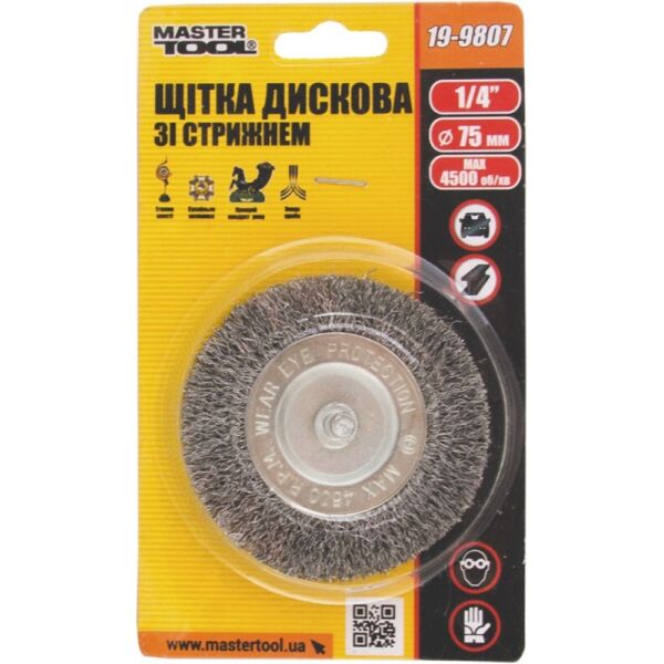 

Щетка дисковая из рифленой проволоки D75 мм со стержнем 1/4" MASTERTOOL 19-9807