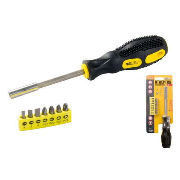 

Отвёртка магнитная +7 насадок 25 мм (SL 4; 5; 6; PH 1/PH 2; PZ1/PZ2) MASTERTOOL 40-0142