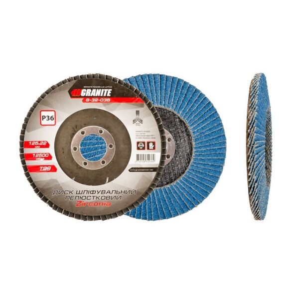

Диск шлифовальный лепестковый конусный ZIRCONIA Т29 зерно 36 125*22 мм GRANITE 8-32-036