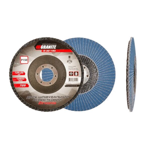 

Диск шлифовальный лепестковый конусный ZIRCONIA Т29 зерно 150 125*22 мм GRANITE 8-32-150