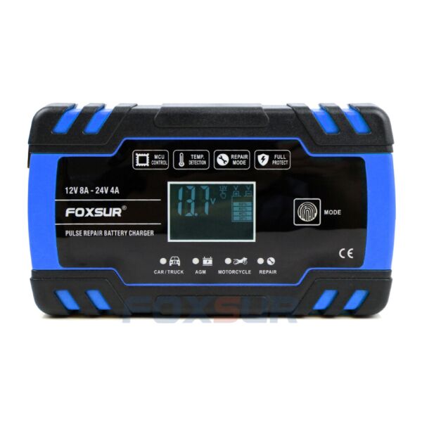 

Зарядное устройство для автомобильного аккумулятора Foxsur 12V-24V 8A (подходит на свинцово-кислотные и гелиевые АКБ) Синий