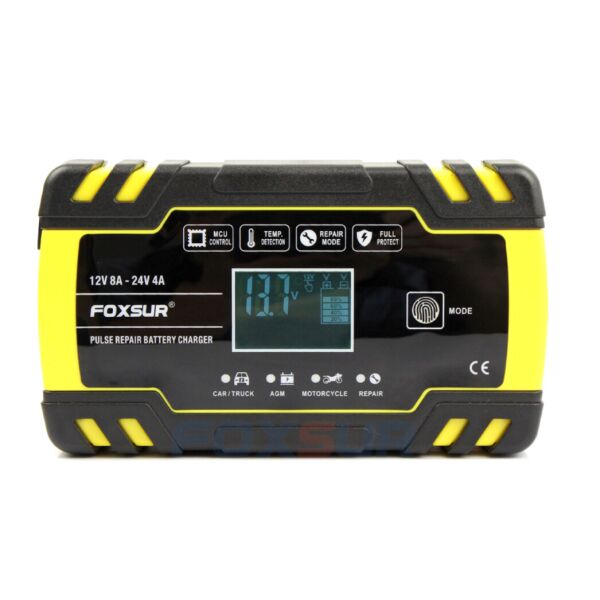 

Зарядное устройство для автомобильного аккумулятора Foxsur 12V-24V 8A (подходит на свинцово-кислотные и гелиевые АКБ) Желтый