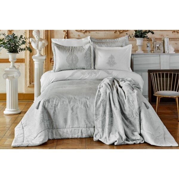 

Постельное белье с покрывалом и пледом Karaca Home. Adrila silver-Евро