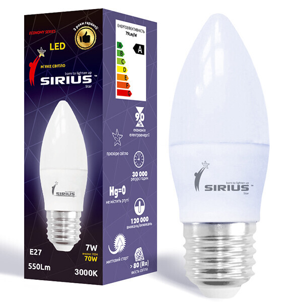 

Светодиодная лампа SIRIUS 1-LS-2205 C37 7W E27 3000K (Свеча)