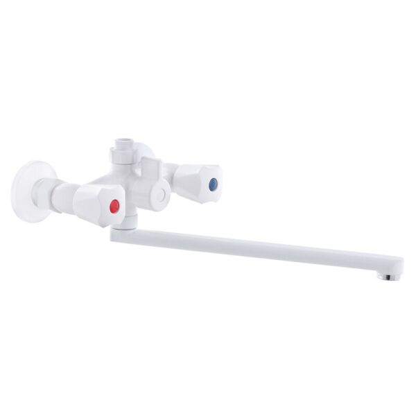 

Кран в ванную двухрычажный с поворотным изливом PLAMIX Omega PM0558 белый пластик 73243