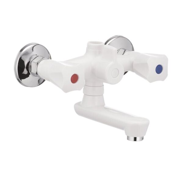 

Смеситель в ванную двухрукояточный с коротким гусаком PLAMIX Omega PM0021 белый пластик 63377