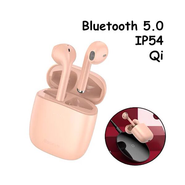 

Наушники беспроводные, гарнитура с кейсом Baseus Encok W04 Pro Bluetooth Розовые