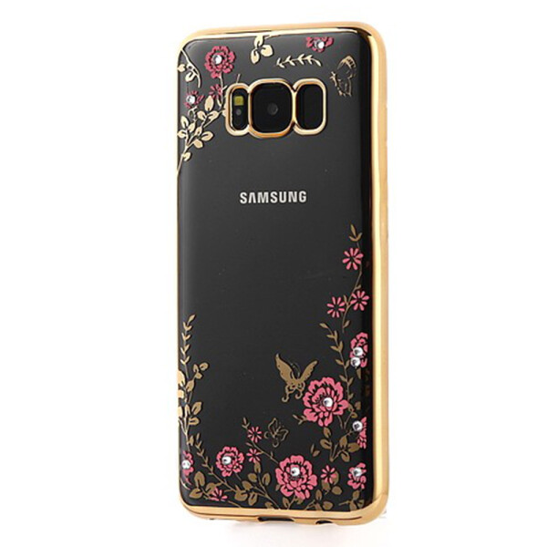 

Чехол с цветами и стразами для Samsung G955 Galaxy S8 Plus с глянцевым бампером (Золотой/Розовые цветы) (15266)
