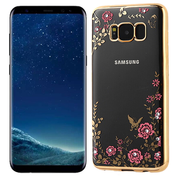 

Чехол с цветами и стразами для Samsung G955 Galaxy S8 Plus с глянцевым бампером (Розовый золотой/Розовые цветы) (15265)