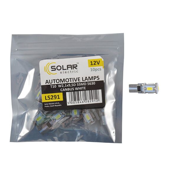

LED Автолампы Solar 12V T10 W2.1x9.5d 5SMD 5630 Canbus white 10шт