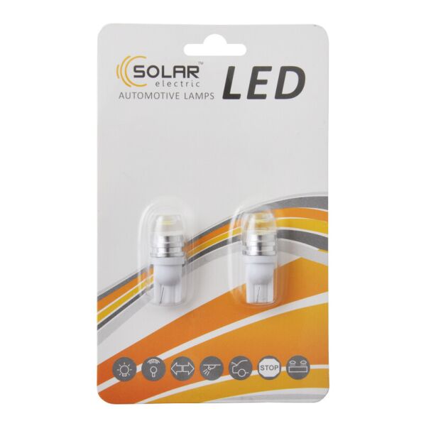 

LED Автолампы Solar 12V T10 W2.1x9.5d SMD 1W + Lens white, 2шт