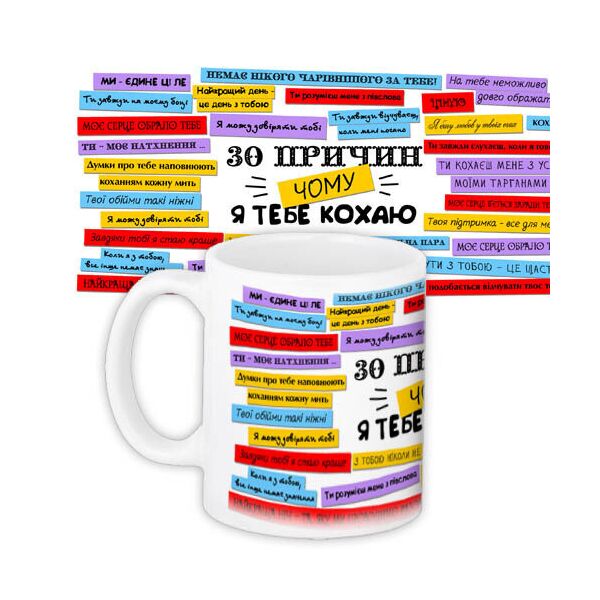 

Кружка с принтом Presentville 30 причин, чому я тебе кохаю на белом фоне 330 мл