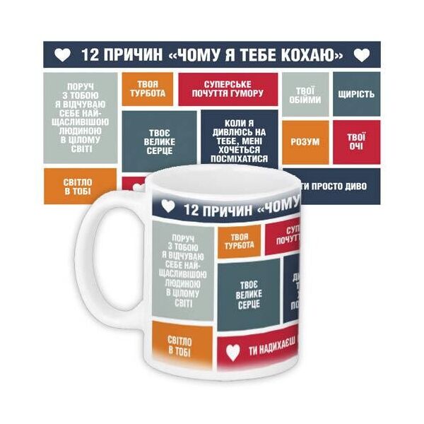 

Кружка с принтом Presentville 12 причин чому я тебе кохаю синяя 330 мл