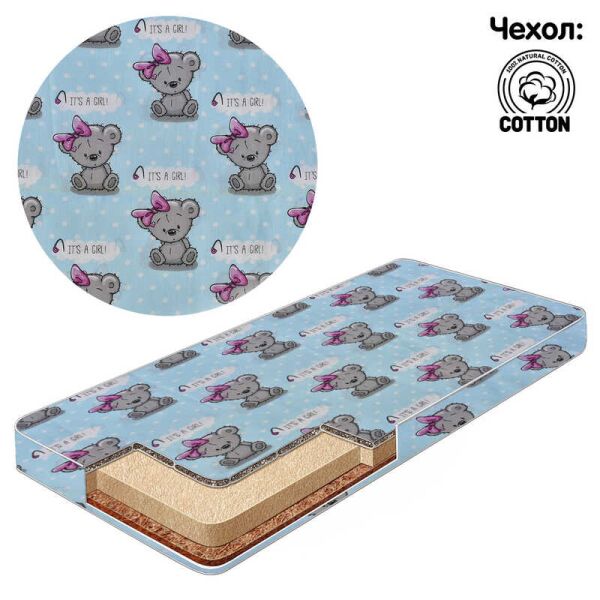 

Матрас кокос - поролон - гречка - хлопок №1 - "Мишка с бантом" КПГ-1 25698 цвет бирюза ТМ Беби-Текс