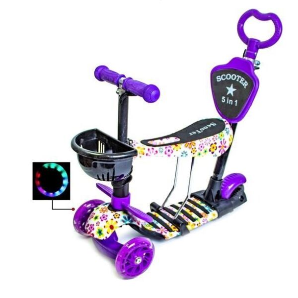 

Самокат с сидением и родительской ручкой 5in1 Scooter Фиолетовый Цветочек с бортиком