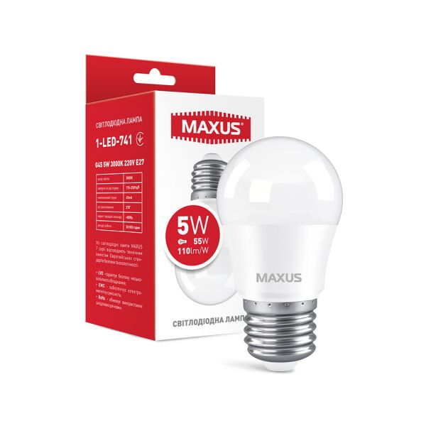 

Лампа светодиодная MAXUS 1-LED-741 G45 5W 3000K 220V E27