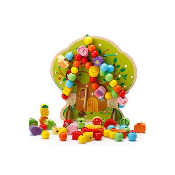 

Детская развивающая логическая игра Деревянная шнуровка Дерево на подставке - 102 фигуры для нанизывания, шнурок