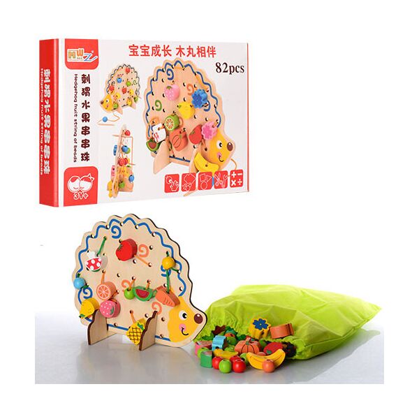 

Детская развивающая логическая игра Деревянная шнуровка Ежик на подставке: 82 фигуры для нанизывания, шнурок