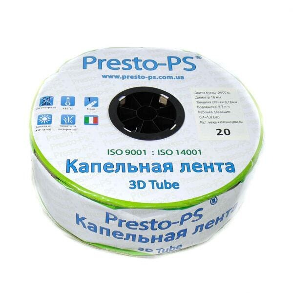 

Капельная лента эмиттерная каждые 20см. 2.7л/ч Presto-PS 3D Tube 2000м. (3D-20-2000)