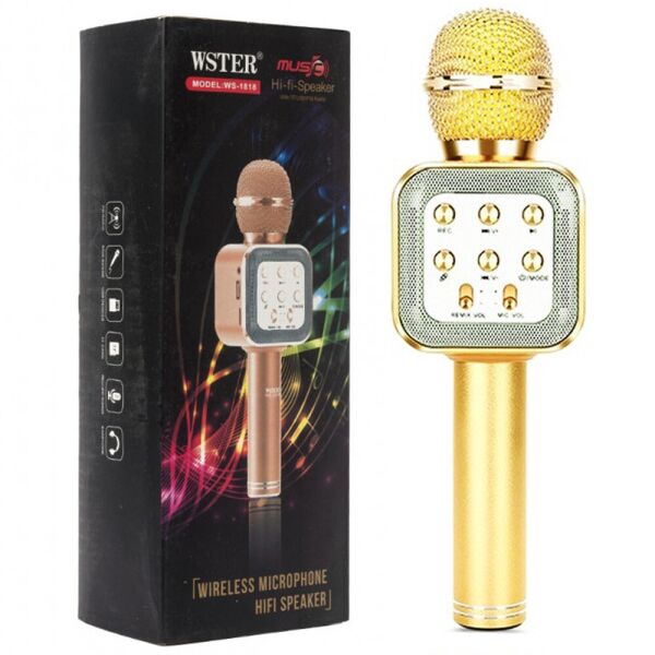 

Беспроводной микрофон WSTER WS-1818 | караоке Bluetooth USB, для дома, с динамиками, портативный ЗОЛОТОЙ