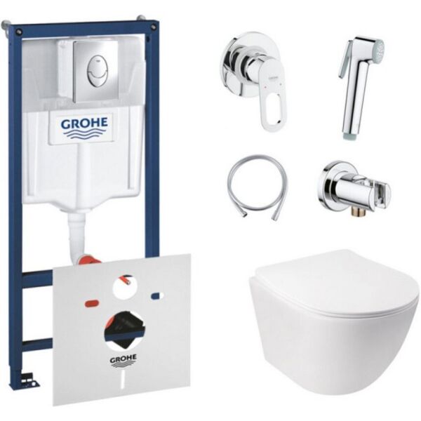 Комплект инсталляция Grohe Rapid SL + унитаз с сиденьем Qtap Jay + набор для гигиенического душа со смесителем Grohe BauLoop 38721001QT07335176W111042