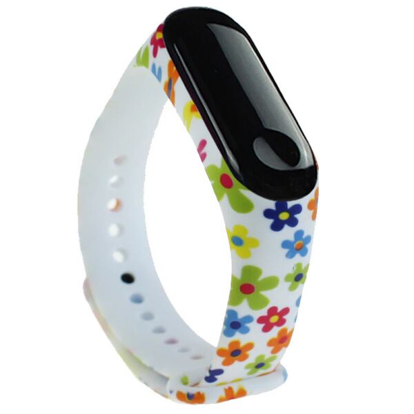 

Силиконовый ремешок с рисунком для Xiaomi Mi Band 3/4 Разноцветные цветы/Белый