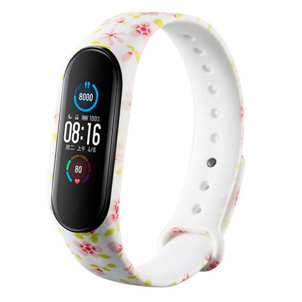 

Силиконовый ремешок с рисунком для Xiaomi Mi Band 5/6 Розовые цветы/Белый