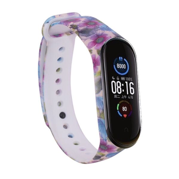 

Силиконовый ремешок с рисунком для Xiaomi Mi Band 5/6 Фиолетовые цветы/Бежевый