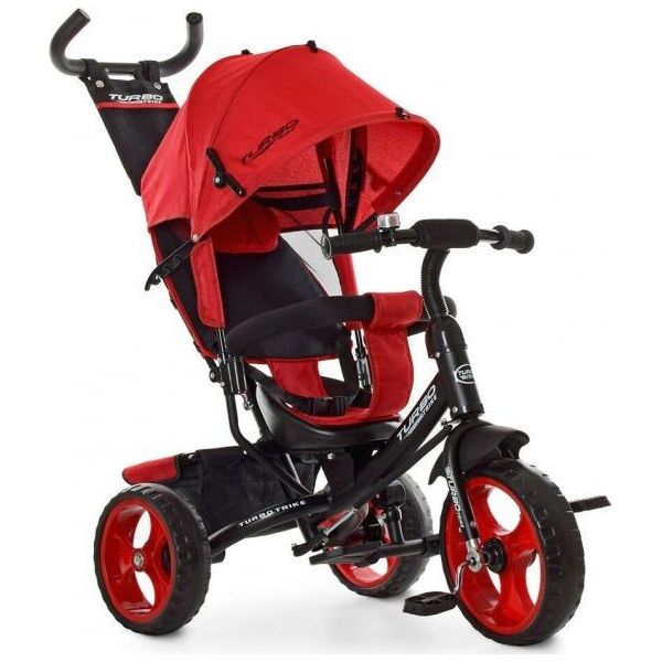 

Детский трехколесный велосипед с родительской ручкой и капюшоном TURBO TRIKE Красный лен