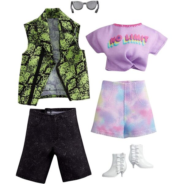 

Одежда для кукол Барби и Кена Barbie Fashion 2-Pack, Purple T-shirt, Snake Skin Shirt & Green Vest, Tie Dye Shorts GRC95