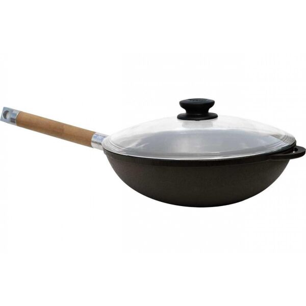 

Сковорода Биол Wok со стеклянной крышкой и деревянной ручкой, чугун, 24 см, черный