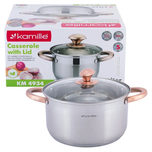 

Кастрюля 5 л из нержавеющей стали с крышкой и пустыми медными ручками