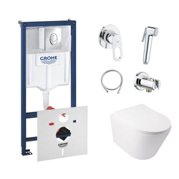 

Комплект инсталляция Grohe Rapid SL 38721001 + унитаз с сиденьем Qtap Swan QT16335178W + набор для гигиенического душа со смесителем Grohe BauLoop 111042, Белый