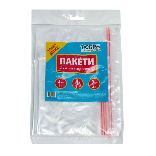 

Пакеты для заморозки Микс 1л + 2л Добра Господарочка 15х25 см - 3шт, 21х30 см - 3шт