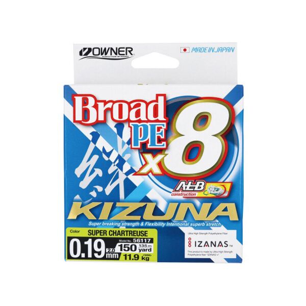 

Шнур Owner Kizuna Broad PEx8 135м 0.19мм 11.9кг/26lb Chartreuse (56117-019)