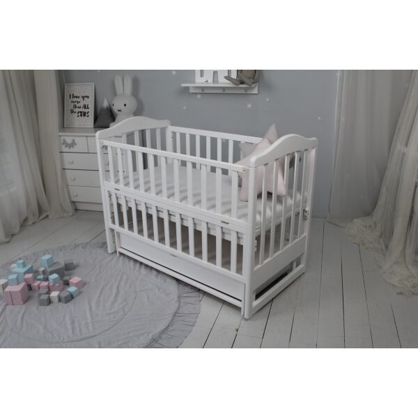 

Кровать детская Baby Comfort ЛД4 на шарнирах с подшипником + фиксатор + откидная боковина белая с ящиком