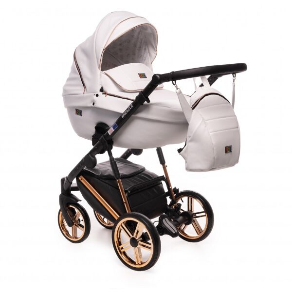 

Коляска детская универсальная 2 в 1 Broco Miracle 9023-BML-05 с дождевиком и москитной сеткой + рюкзак для родителей Белый с золотистым шасси